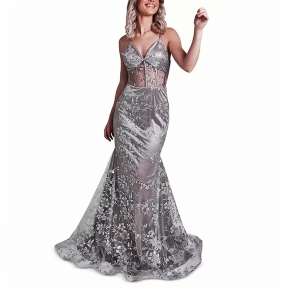 Dear Moon Silver Glitter Mesh Gown Size 0 - Picture 6 of 16